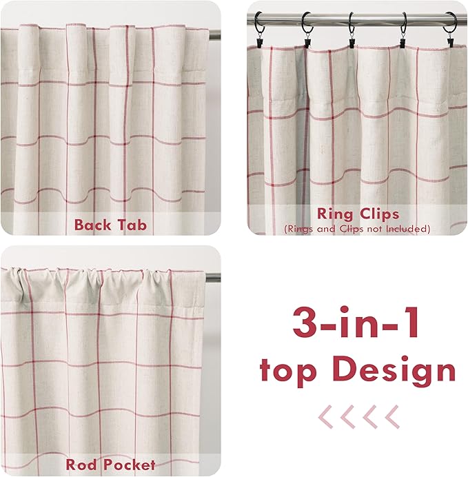 DriftAway 2 Panels 100% Blackout Windowpane Plaid Linen Curtains Double Layer Drapes for Bedroom 90 Inches Long Farmhouse Thermal Insulated 3.25 Inch Rod Pocket Back Tab for Living Room Red