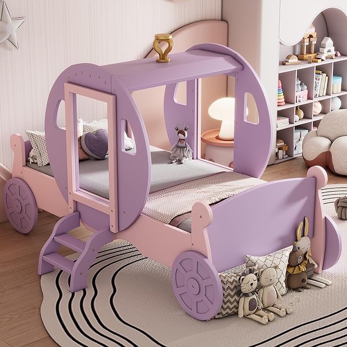 Twin Size Princess Carriage Bed Frame for Boys Girls Kids Toddler with Crown, Wood Platform Car Bed with Stair, Purple+Pink