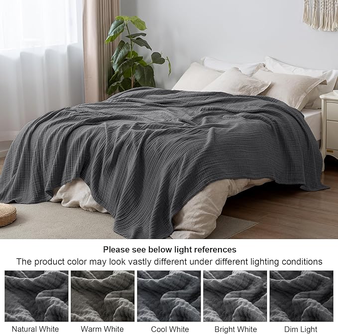 PHF 100% Cotton Muslin Blanket Twin XL Size 66"x90", 4-Layer Lightweight Gauze Throw, Breathable Cloud-Soft Minimalist Blanket for Bed, Couch, Camping & Baby, Greyish Black, Ideal Gift