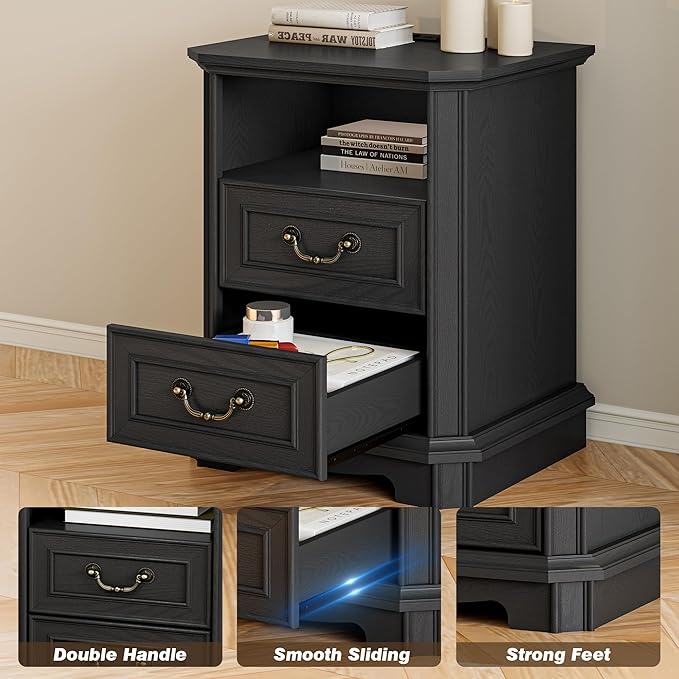 Farmhouse Nightstand with Charging Station, 18" Side Table with 2 Storage Drawers, Rustic Wood Night Stand with Metal Handle, Wooden Bedside End Table Small Dresser for Bedroom, Living Room, Black