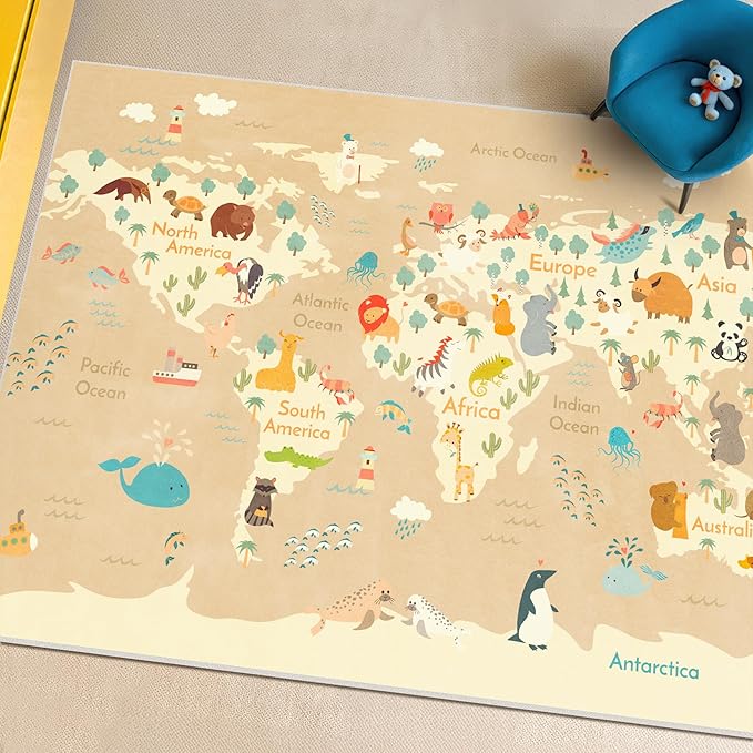 Kids Bedroom Rug with World Map & Animals – 4x6 Educational Washable Play Mat for Playroom, Cute Global Animal, Featuring Continents & Native Wildlife Carpet for Dorm or Classroom - Soft Beige