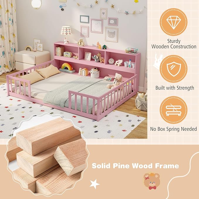 Giantex Full Size Floor Bed for Kids, Wooden Montessori Bed Frame with Bookcase, Storage Shelves & Safety Fence Rails, Floor Beds Full for Girls, Boys, No Box Spring Needed, Without Slats, Pink