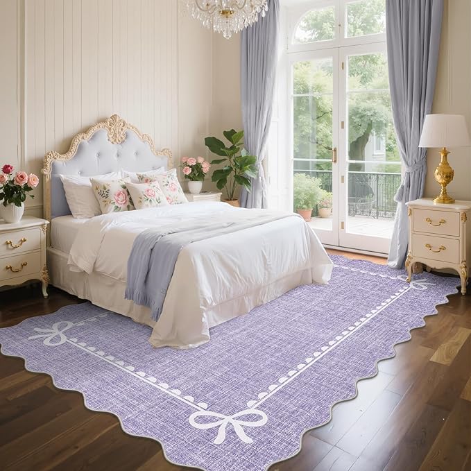GarveeHome Scalloped Bow Rug for Living Room, Solid Purple Rug for Dorm, Washable Rugs 6x9 Soft Low Pile Non Slip Scalloped Rugs for Nursery College Bedroom Decor Kids Room Playroom