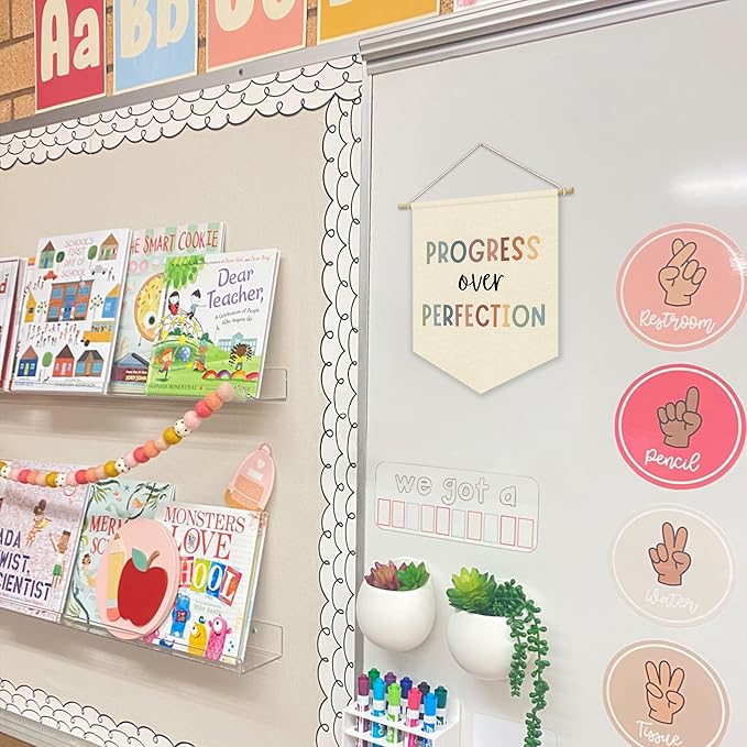 Positive Affirmation Wall Decor Canvas Banner, Classroom Decor, Progress Over Perfection, Kidsroom Wall Art, Teacher Gift, Canvas Hanging Pennant Flag Banner