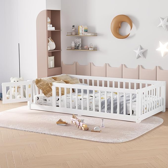 Harper & Bright Designs Twin Floor Bed Frame with Safety High Fence, Wood Montessori Bed with Door, Twin Size Floor Beds with Solid Wood Support Slats for Boys, Girls, Kids, White
