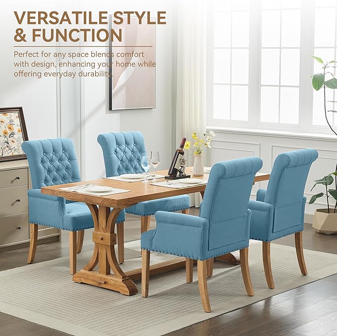 Fabric Dining Chair with Arms, Upholstered Tufted High Back Dining Room Chairs, Accent Armchair with Solid Wood Leg and Nailhead Trim, Kitchen Dining Living Room, Blue