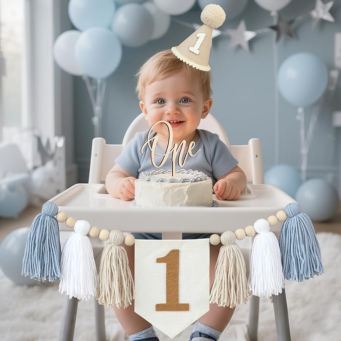 1st Birthday Highchair Banner Decorations For First Boys Khaki Cone Hat With One Cake Topper Photo Backdrop