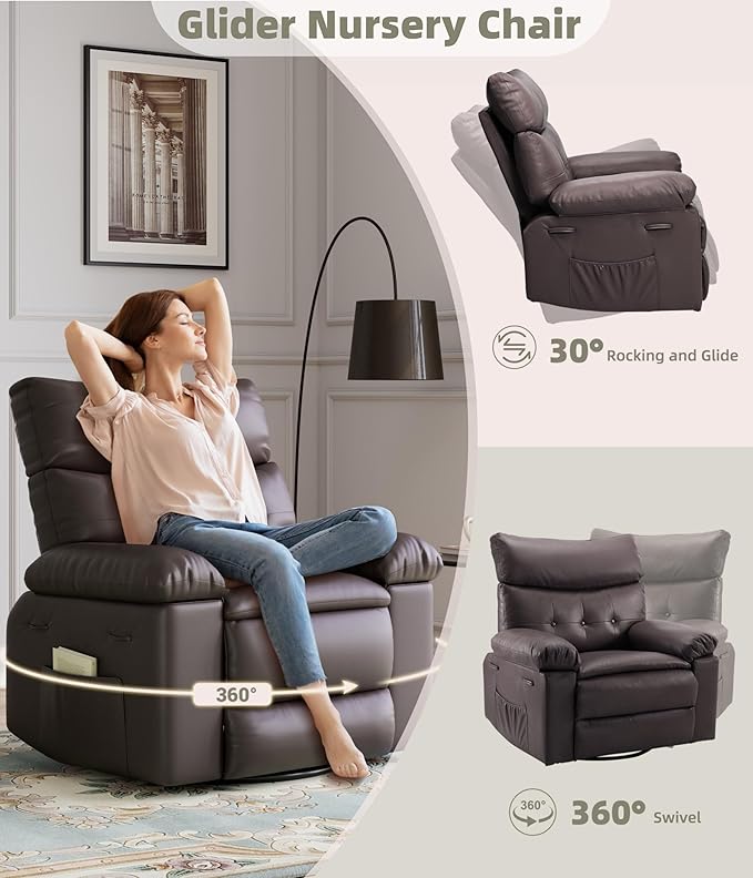 GarveeHome Oversized Wide Rocker Swivel Recliner Chair - PU Leather Manual Recliner for Adults, Large Nursery Chair Lazy Recliner with Comfort Arm and Back for Living Room, Bedroom