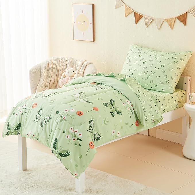 Mooreeke 4 Pieces Toddler Bedding Set - Soft Sage Green Butterfly Toddler Comforter Sets for Girls, Includes Quilted Comforter, Flat Sheet, Fitted Sheet and Pillowcase, Bed in A Bag for Baby Bedroom