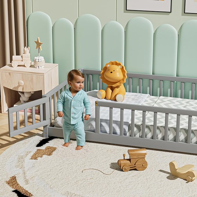 i-POOK Twin Floor Bed for Children, Sturdy Wood Montessori Bed Frame with Wood Slats, Fence & Door, Montessori Floor Bed for Girls and Boys, Gray