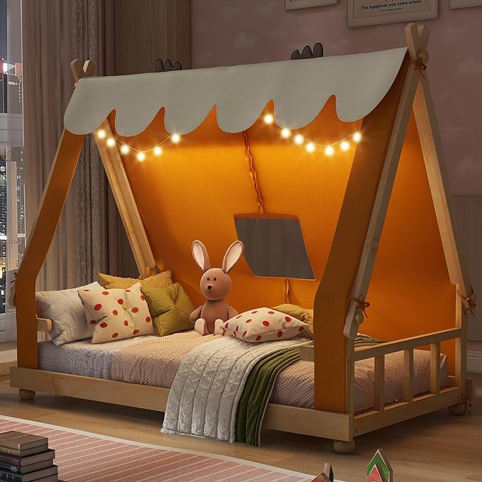 Twin Size Floor Bed with Tent and Light, Wooden Montessori Bed Frame with Roof Design, Low Profile Beds for Kids, Boys and Girls, Brown