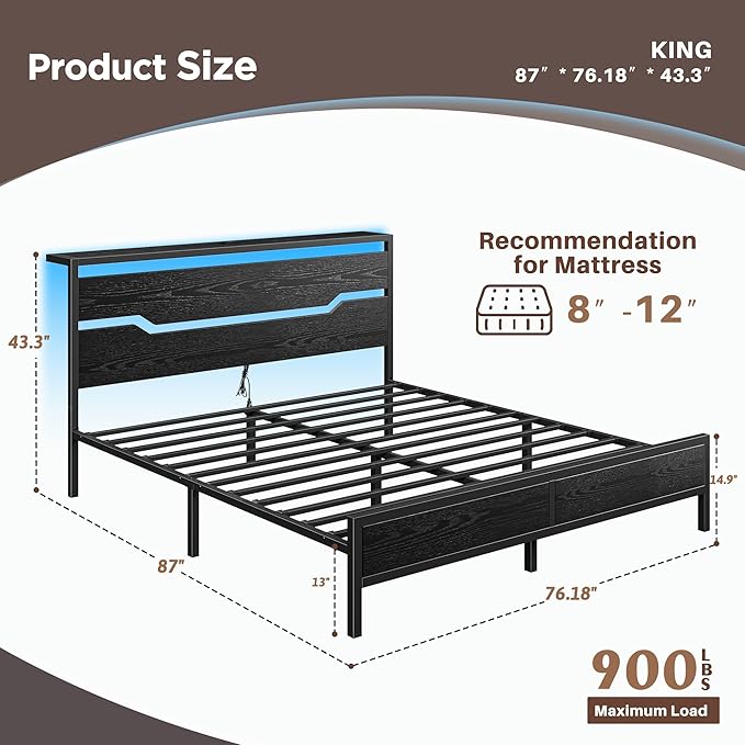 King Size Bed Frame with LED Lights & Charging Station, King Bed Frame and Headboard,13" Under Bed Storage, Noise-Free Heavy Duty Metal Support, Modern Black