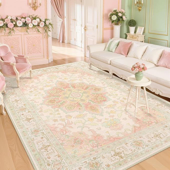 Machine Washable Rugs Nursery Rug 9x12 Cute Girl Non Slip Low Pile Water Repellent Soft Print Pattern for Bedroom Indoor Decor Kids Playroom Pinkgreen
