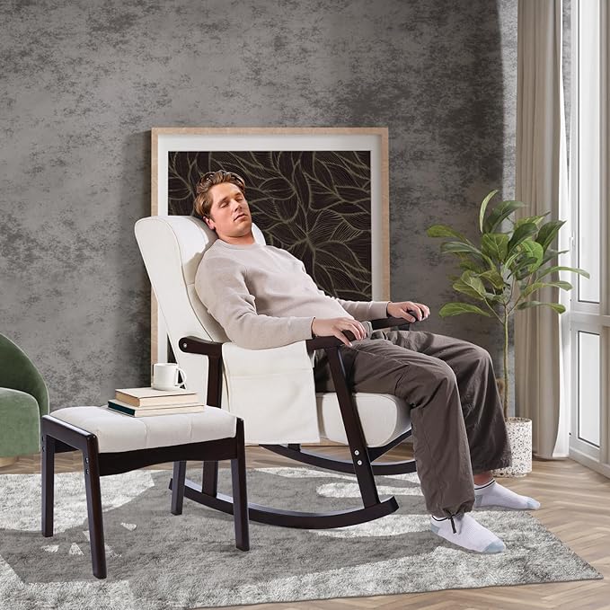 NOBLEMOOD Rocking Chair Indoor with Ottoman, Nursery Rocking Chair with Lumbar Pillow, High Back Upholstered Solid Wood Frame Rocker for Living Room