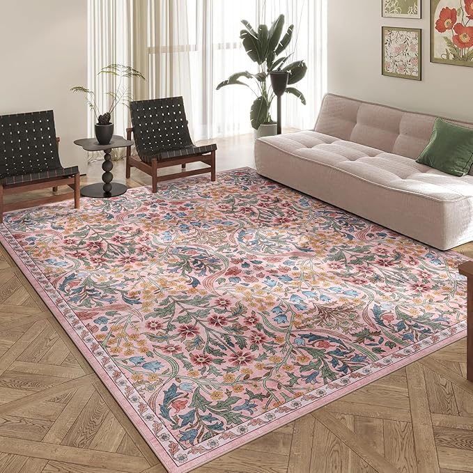 8x10 Washable Area Rug for Living Room, Floral Non-Slip Non-Shedding & Easy Care, Large Soft Low Pile Botanical Indoor Floor Carpet for Living Room, Bedroom, Dining Room, Kids Playroom, Nursery, Pink