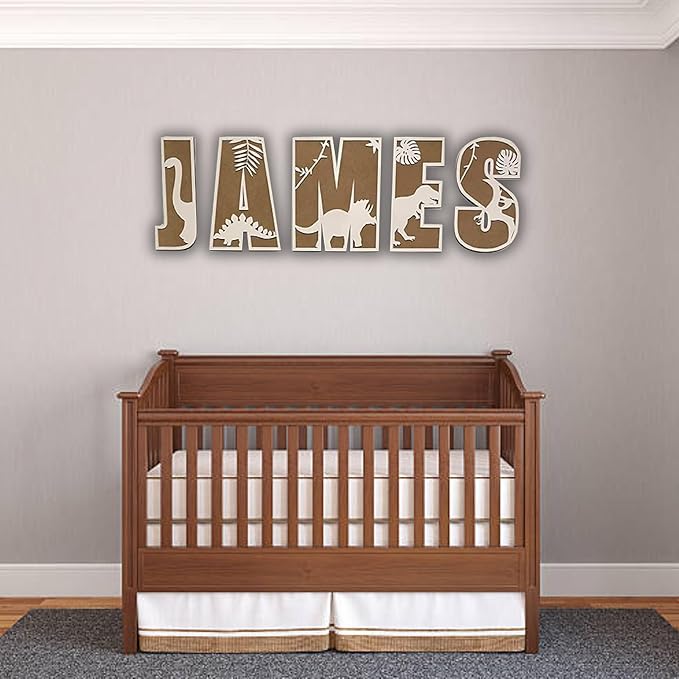 Personalized Wooden Name Sign - Custom Baby Name Signs for Nursery & Kids Room, Baby Announcement Sign, Wall Name Signs Personalized, Round Wooden Letters for Nursery Decor (3D Dinosaur)