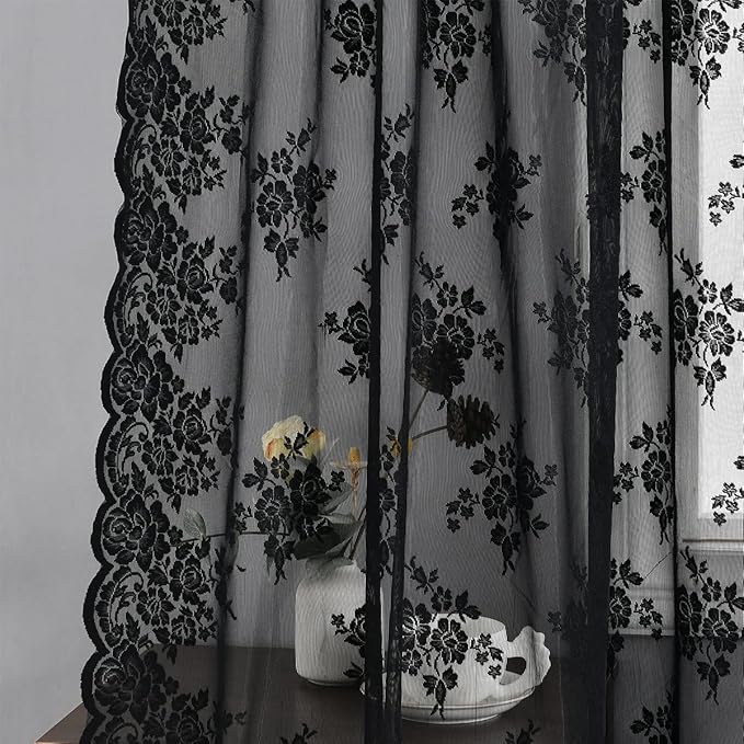 Kotile Black Lace Curtains 63 Inch Length - Rustic Vintage Floral Black Sheer Curtains 2 Panels, Privacy Gothic Curtains for Bedroom, Rod Pocket Sheer Lace Curtain, 52 x 63 Inch, 2 Panels