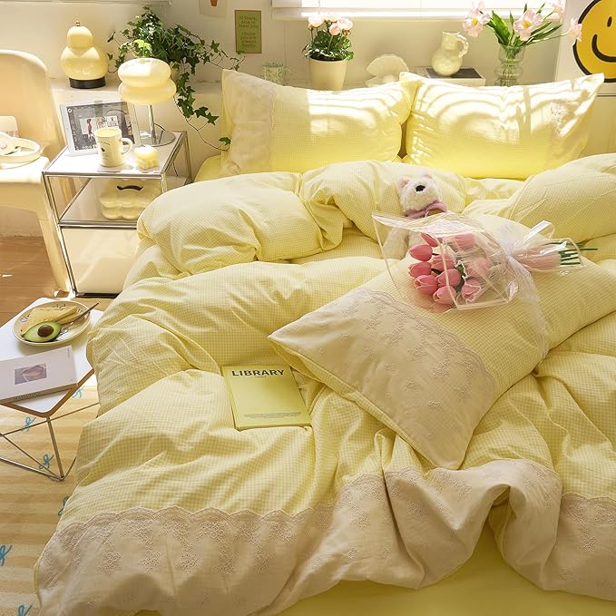 LifeTB Yellow Gingham Duvet Cover King 3 Pieces Romantic Lace Comforter Cover Soft Microfiber Cream Yellow Grid Duvet Cover Farmhouse Plaid Checkered Comforter Cover Grid Gingham Bedding Set