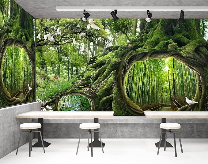 Fantasy Forest Landscape Wall Mural Wallpaper Bamboo and Stream Wallpaper for Bedroom Living Room TV Background Sofa Wall (not self-Adhesive)