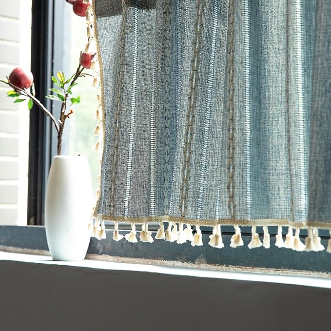 Deeprove Denim Blue Boho Curtain Valance for Cafe Kitchen Closet Doorway Decor, Sheer Bohemian Farmhouse Cotton Linen Short Panel Tassel Trim Traditional Window Treatment Drape, W52 x L18, 1 Piece