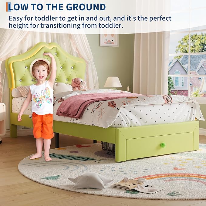Garvee Twin Size Bed Frame with LED Lights & Velvet Crystal Button Headboard, Upholstered Boy Platform Bed with Storage Drawer, Noise Free, No Box Spring Needed for Kids, Teens, OrangeAvocado Green