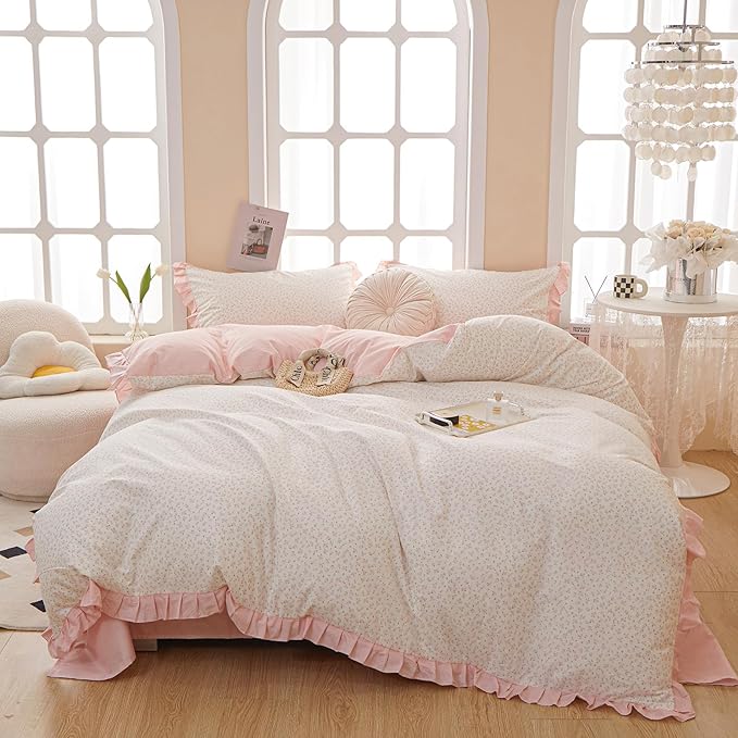 Pink Floral Duvet Cover Queen Chic Flower Print Ruffle Duvet Cover Cotton Lace Comforter Cover Country Style Floral Bedding Set Girls Ruffle Comforter Cover Flower Queen Duvet Cover with 2 Pillowcases