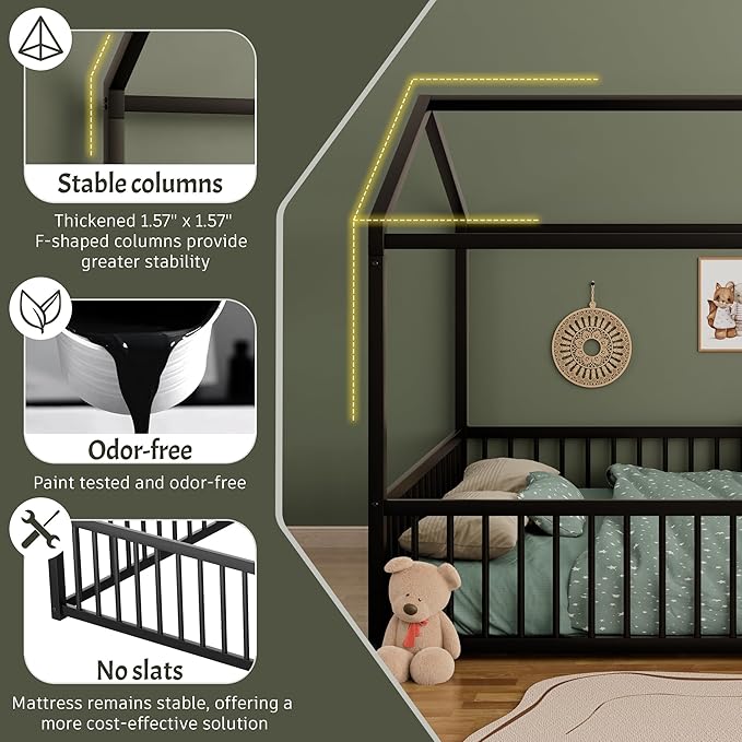 Twin Size Metal Floor Bed Frame,House Shaped Bed with Fence for Kids and Toddlers,Easy Assemble,No Slats,Black