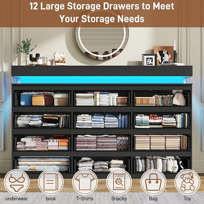 12 Drawer Dresser for Bedroom, 70" Wide 44" Tall Dresser with LED Light & Charging Station, Modern Chest of Drawers for Closet, Living Room, Entryway, Hallway (Black, 12 Drawers)