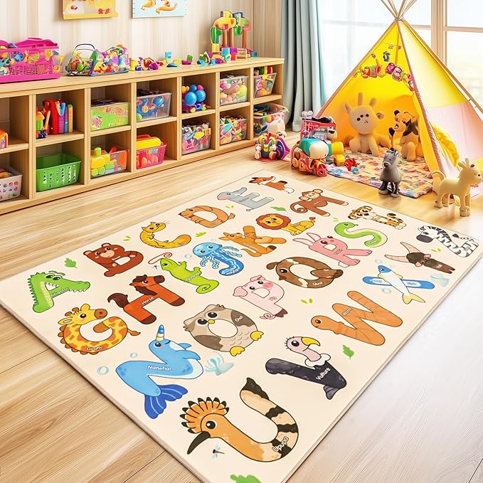 Kids Rugs for Playroom, 4x5 Feet Educational Rug for Learn The ABC Alphabet, Soft Machine Washable Non-Slip Cute Animal Carpet for Classroom Toddler Nursery Kids Room Decor Mat, Beige