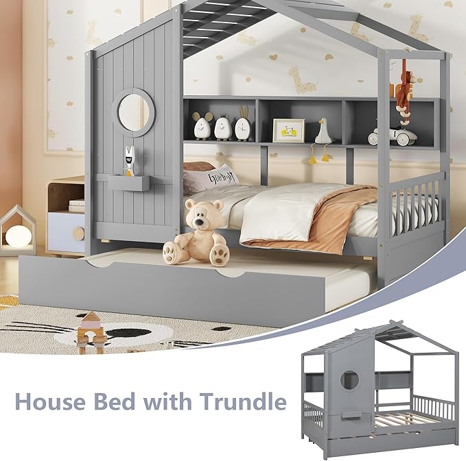 Twin Bed Frames for Kids, House Bed with Trundle and Shelves, Wood Playhouse Platform Bed Frame with Window and Fence for Boys Girls, Gray, 74.4" L x 42.7" W x 72" H