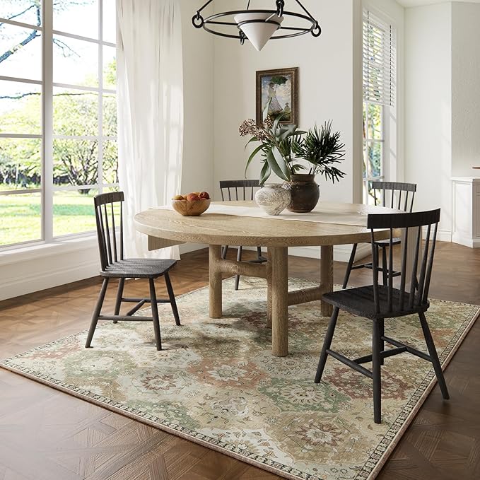 Area Rugs 5x7 Rug for Bedroom, Clearance Washable Area Rug, Non-Slip Lightweight Low Pile Rug for Living Room Dining Room Nursery Room,Multi/Green