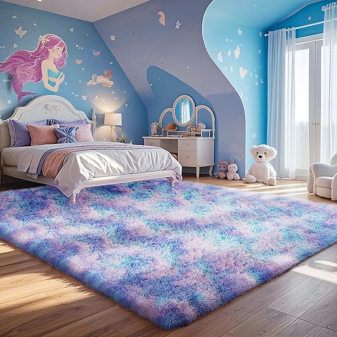 Ophanie Rainbow Purple Mermaid Rugs for Living Room 5x8, Kids Fluffy Shag Fuzzy Plush Soft Carpets, Floor Shaggy Area Rugs for Bedroom, Carpet for Kids Girls Dorm Nursery Home Decor Aesthetic