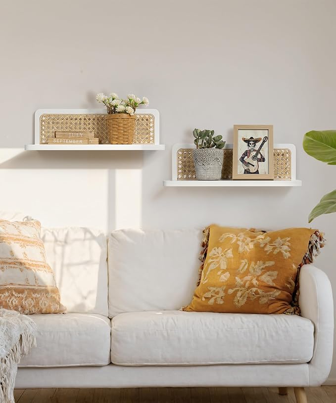 Rattan Wall Shelf 16inch Set of 2, Handmade White Floating Shelves Boho Wall Decor, Rustic Wood Cute Wall Mounted Storage Shelves for Living Room Nursery Bedroom