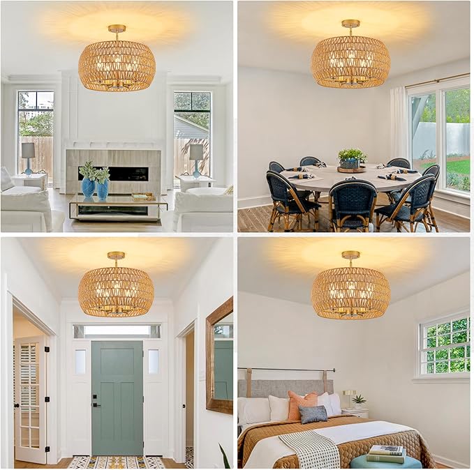 Rattan Ceiling Light Fixture, 5-Light Boho Semi Flush Mount Ceiling Light, 20" Wicker Light Fixture with Handmade Woven Cage Lampshade, Rattan Chandelier for Bedroom Hallway Nursery Kitchen Farmhouse