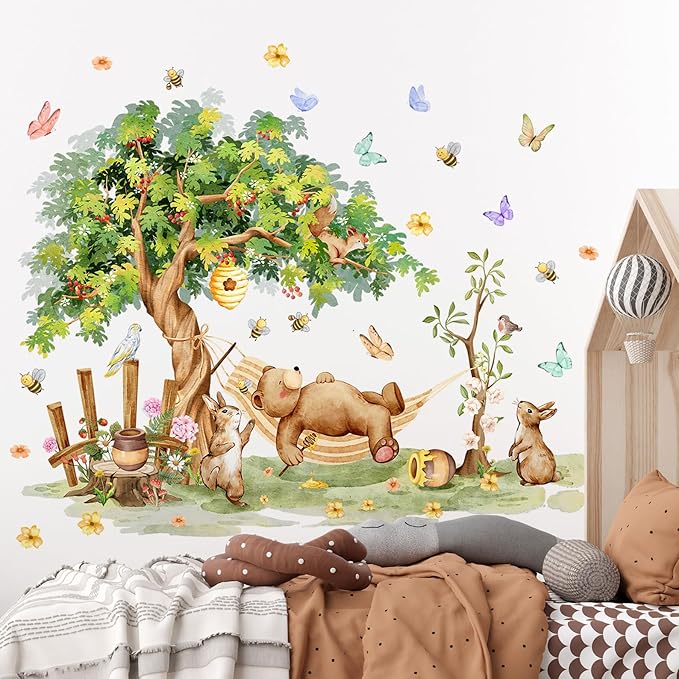Amaonm Large Whimsical Tree Wall Decal with Woodland Animals, Birds, and Butterflies, Watercolor Green Tree Wall Sticker Decor for Girls Kids Bedroom Living Room Nursery Decoration (C)