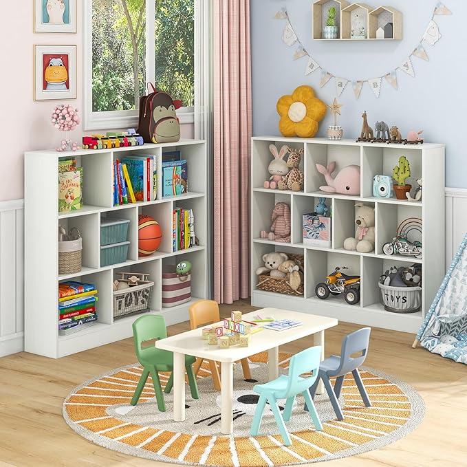 Costzon 10-Cube Bookshelf for Kids, Wooden Toy Storage Organizer w/ 2 Anti-Toppling Kits, 3 Tier Open Shelves & Non-Slip Foot Pads, Montessori Toy Shelf for Kids Rooms, Playroom, Classroom, Nursery