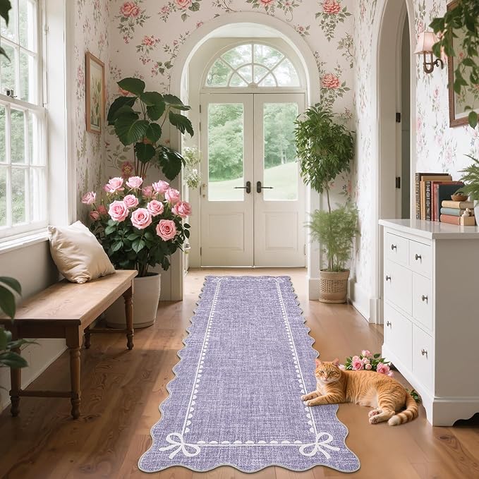 GarveeHome Scalloped Bow Rug for Living Room, Solid Purple Rug for Dorm, Washable Runner Rug 2.5x8 Soft Low Pile Non Slip Scalloped Rugs for Nursery Bedroom Decor Hallway Entryway Playroom