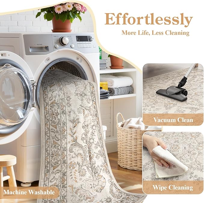 Wonnitar Washable Living Room Rugs, 8x10 Area Rugs for Room Decor, Beige Non Slip Ultra-Thin Soft Cozy Vintage Floral Distress Neutral Carpet for Bedroom Dining Room Farmhouse Playroom