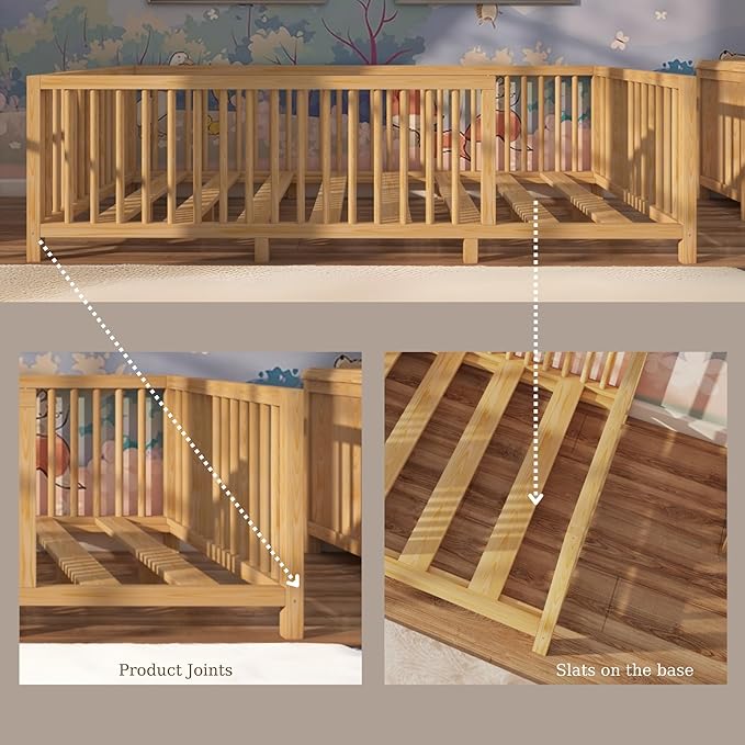 Montessori Floor Bed with Slats for Toddler 54.3'' x 75.2'' Full Size | Pine Wood Natural Solid Frame Bed | Sturdy Design Floor Bed Frame for Boy and Girls (Full, Height : 23.6 Inches)