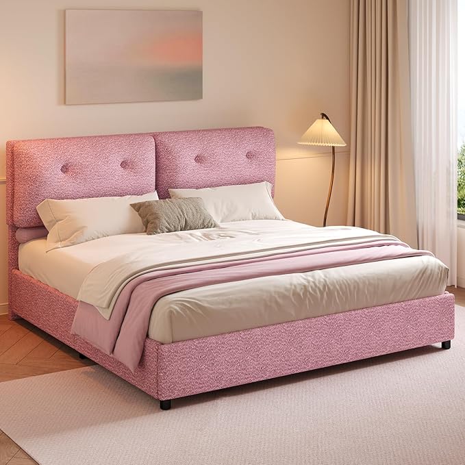 Boucle Upholstered Bed Frame King Size, Low Platform Bed King, Modern Soft Style, Adjustable Headboard, No Box Spring Needed, Easy Assembly, Pink