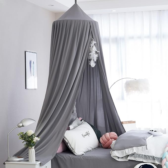 Kids Bed Canopy for Crib - Girls Nursery Canopy Hanging, Blocks Light, Dark Gray