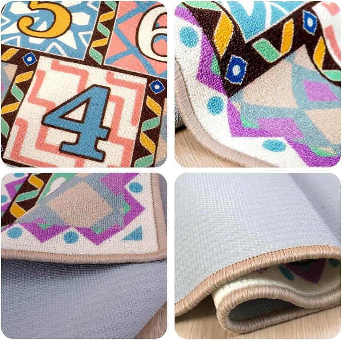 Kids Colorful Educational Hopscotch Game Rug, Numbers 1-8 Pattern, Geometric Border Design, Rectangular Floor Mat for Playroom