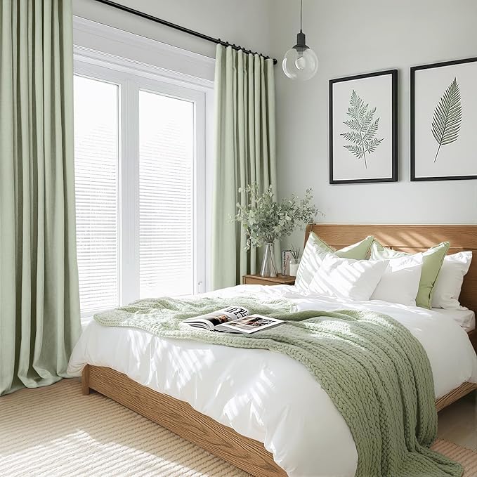 INOVADAY 100% Blackout Curtains for Bedroom, Black Out Curtains 96 Inch Long, Clip Rings Linen Blackout Drapes, Thermal Insulated Room Darkening for Living Room, 2 Panels - Sage,W50xL96