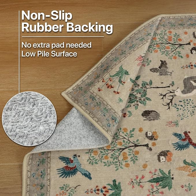 Runner Rug Non Slip 2'6''x 6', Floral Animal Print Rug Machine Washable Rug, Non Slip Low Pile Hallway Runner Carpet for Kitchen, Laundry, Bedroom, Bathroom, Light Taupe
