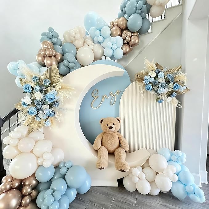 Dusty Blue and Gold Balloons, 60 PCS 12 Inch Slate Fog Pastel Baby Blue Sand White and Gold Balloons for Baby Boy Shower Bridal Shower Birthday Wedding Party Decorations