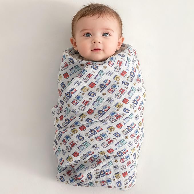 NTBAY 2 Layer Muslin Cotton Baby Swaddle Blanket, 42x60 Soft and Breathable Receiving for Newborns and Infants, Perfect for Crib, Stroller, Travel, Lightweight Nursery Blanket, Cartoon Train