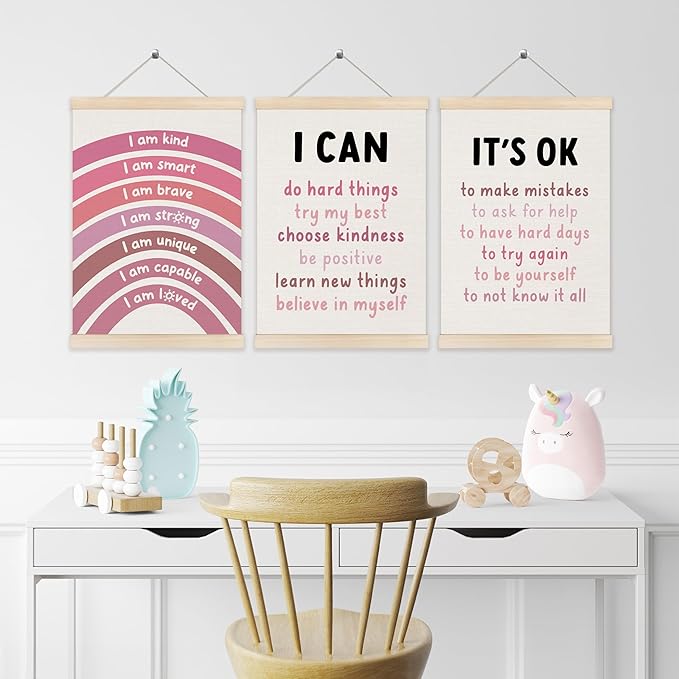 Koesus Inspirational Classroom Pink Rainbow Wall Art Poster Hanger Frame 12x16 Inch Set of 3, Positive Affirmations for Kids, Motivational Canvas Prints Framed Wall Decor for Classroom Kids Room