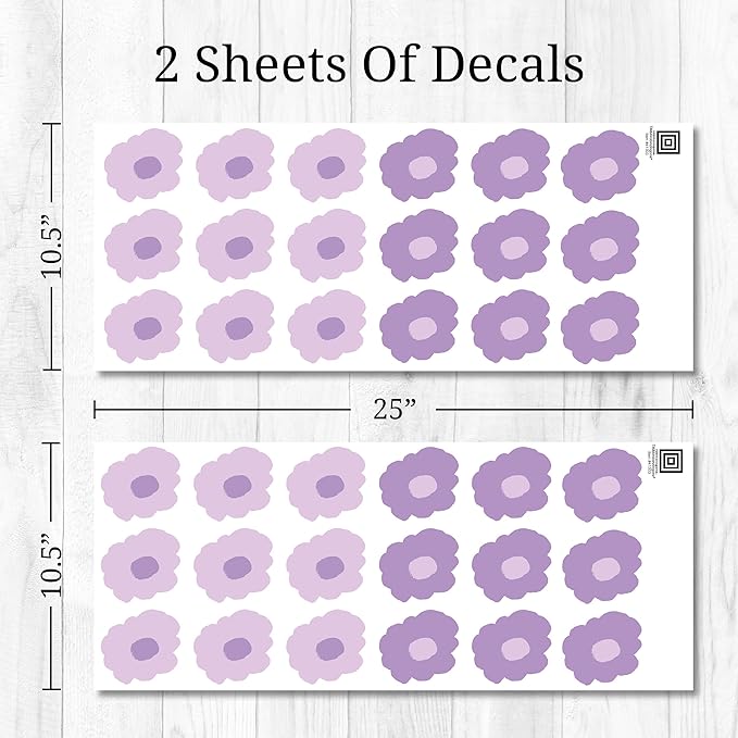 Decalcomania Purple Flower Wall Decals by Robin Zingone - Set of 36 Danish Pastel Floral Wall Stickers for Living Room Nursery Bedroom Bathroom Decor Removable Peel and Stick Indoor Wall Decor