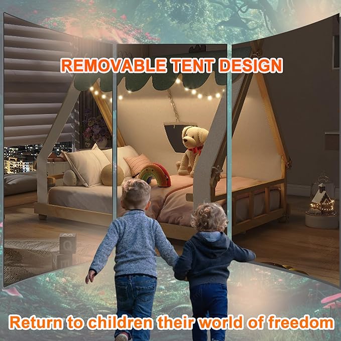 Full Size House Bed for Kids with Light and Tent, Montessori Floor Bed Full for Kids Girls Boys Teens Bedroom, White