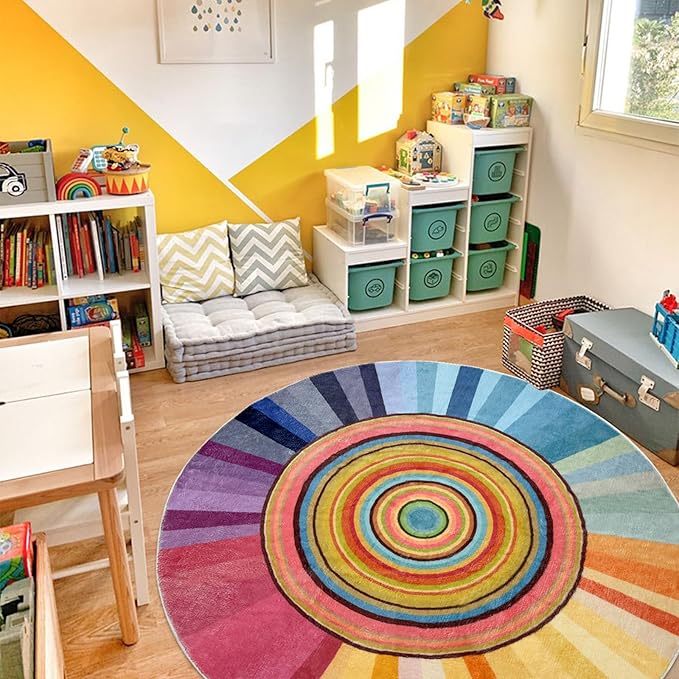 Kids Rug 5Ft Round Colorful Girls Bedroom Carpet Circle Sun Rug Rainbow Nursery Mat Modern Abstract Playroom Bedside Area Rug for Children Indoor Home Decor